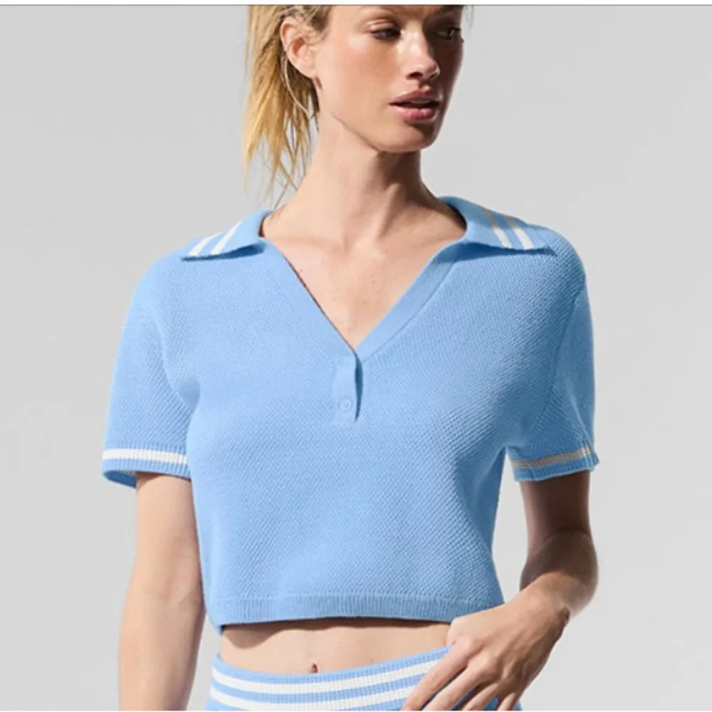 ALO Tennis Club Sweater Knit Cropped Polo - Seashell Blue/White NWT! 🐚 - Picture 4 of 11
